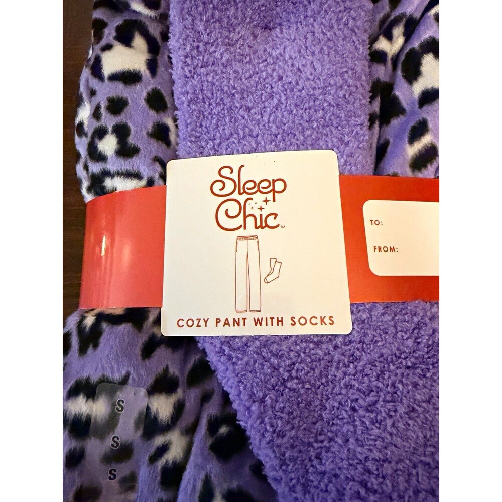 Sleep Chic Fleece Pajama Pants w/ Socks Purple Cheetah Animal Print Size S